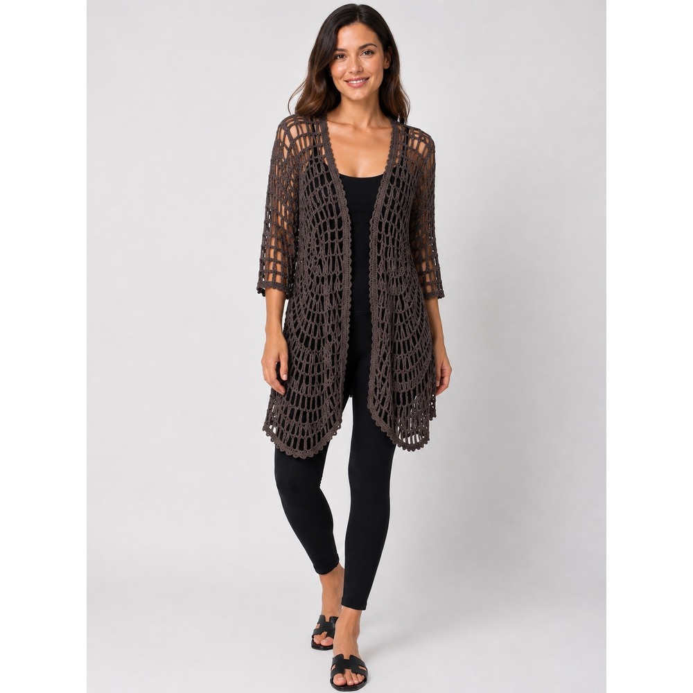 Chicos Cardigan Sweater Womens XL Brown Open Knit Crochet Sheer Lightweight